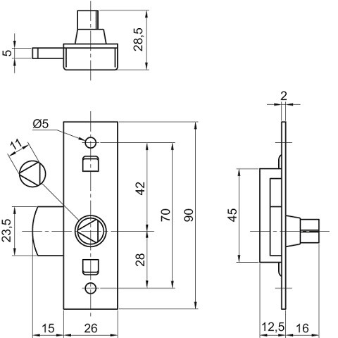 Batteuse applique EDF universelle 90x26 réversible à fouillot cupro alu sans gâche