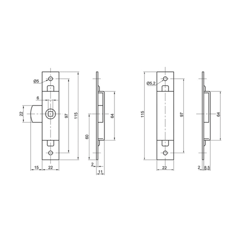 Gâche à répétition pour batteuse en applique 80 x 15 mm carré de 4 mm