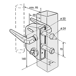 Serrure de grille en applique modèle LCKX U2 pour cylindre européen pour tube 40-50 ou 60mm